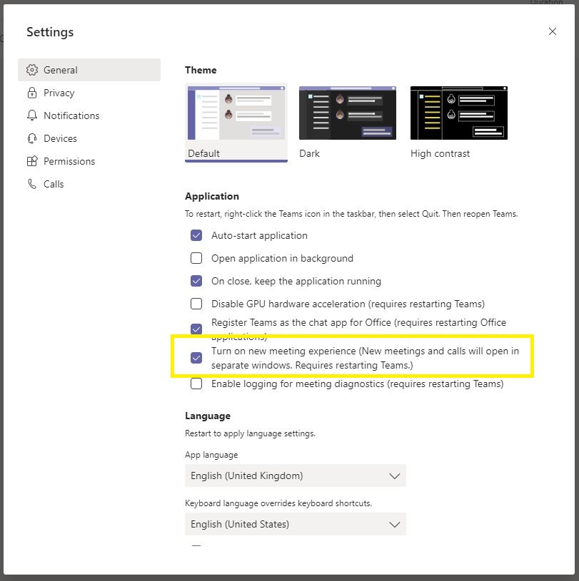 Microsoft Teams - Settings - Turn on new meeting experience (New meetings and calls will open in separate windows. Requires restarting Teams.)