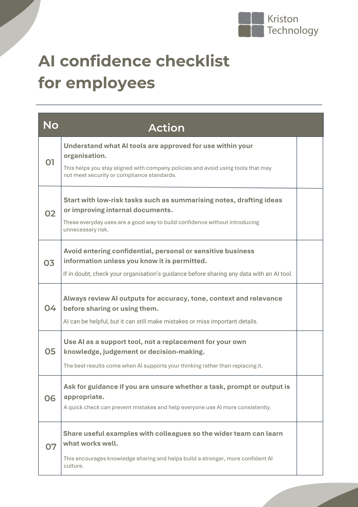 AI confidence checklist for employees: a numbered table of actions (01–07) by Kriston Technology.