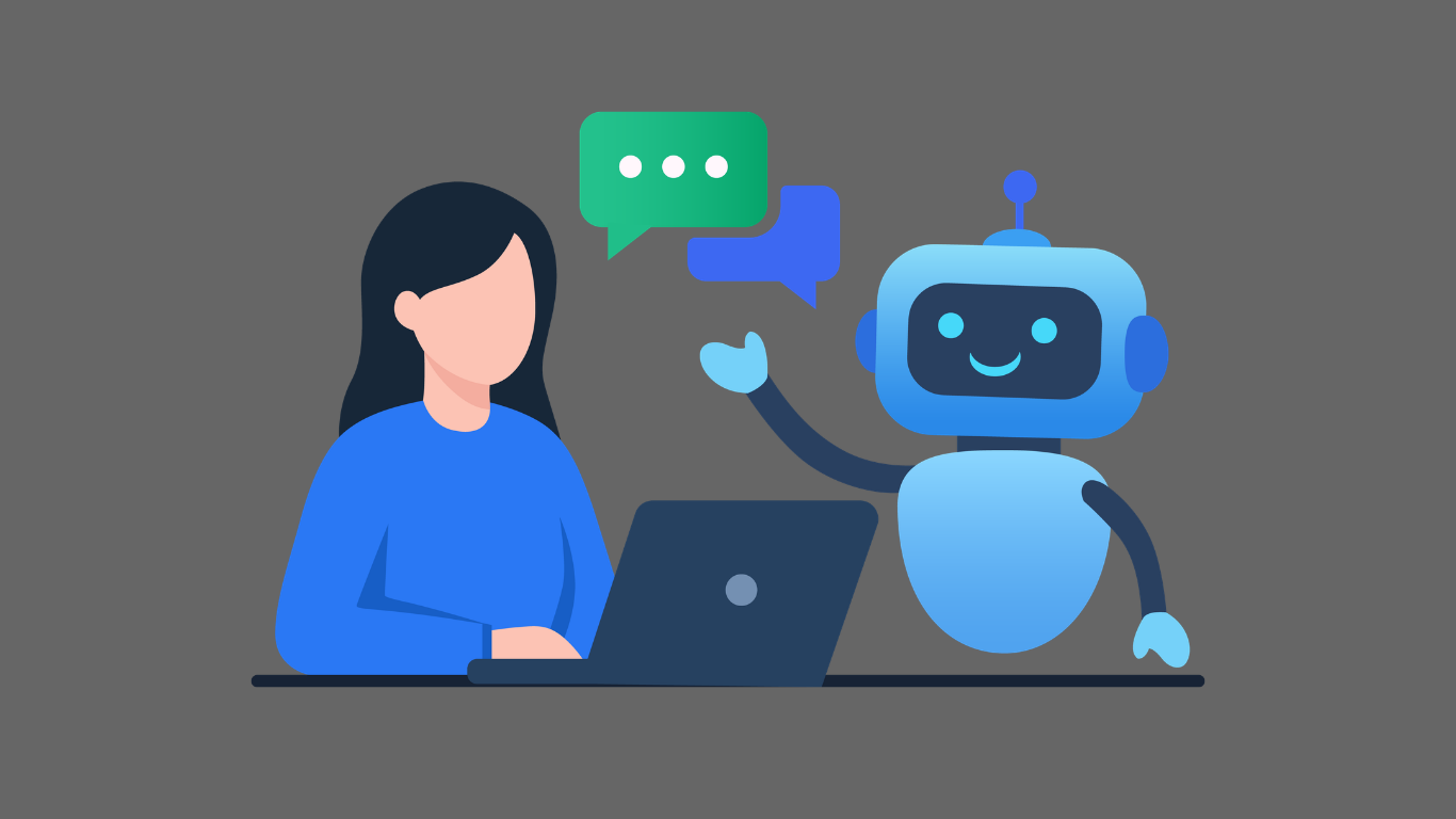 A person sits at a desk using a laptop while a friendly blue robot chats nearby with speech bubbles above them.