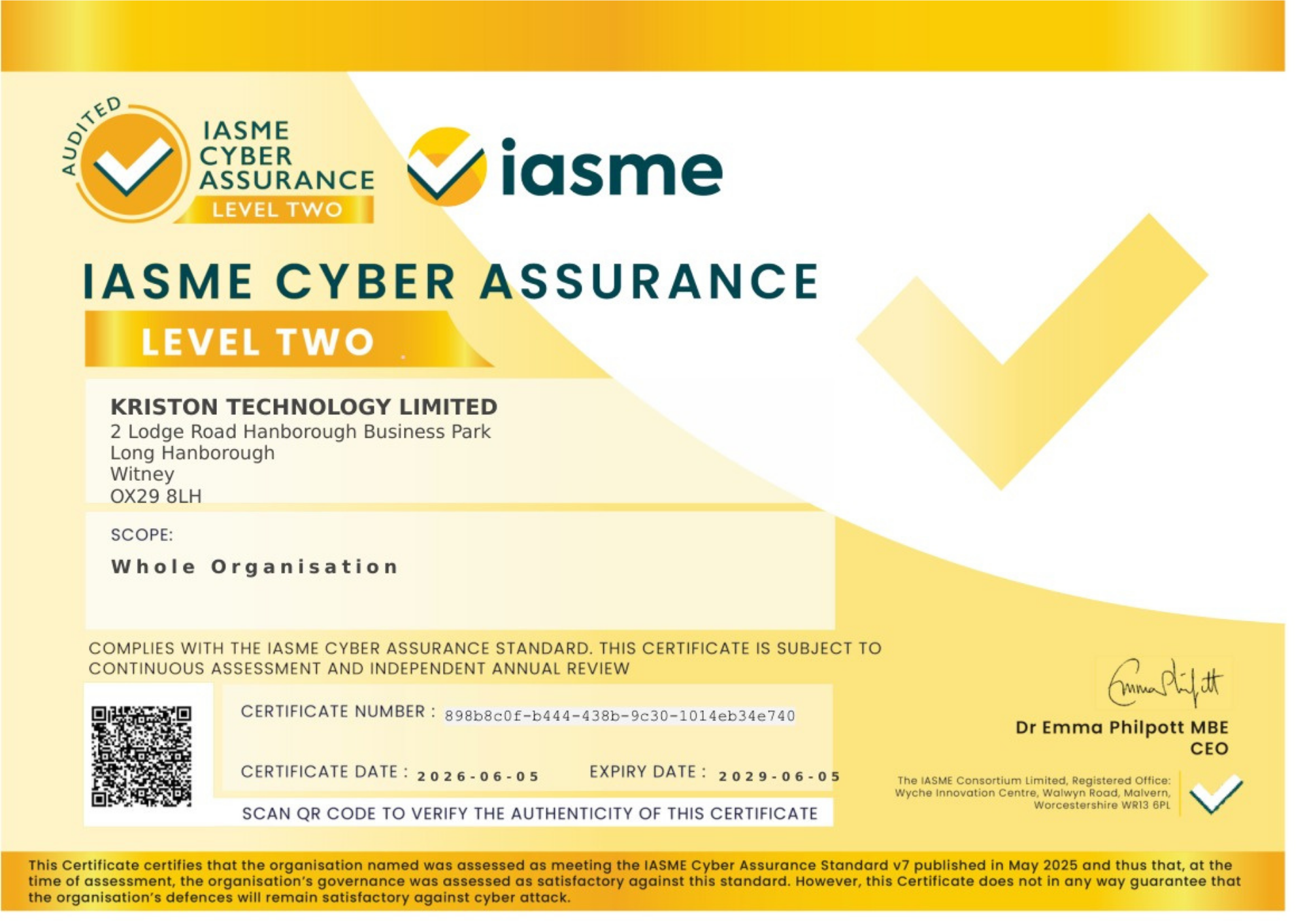 IASME Cyber Assurance Level Two Certificate Kriston Technology
